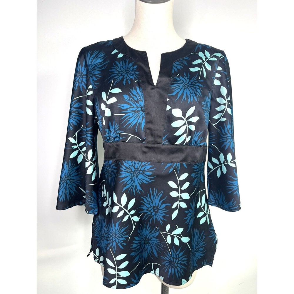 STYLE & CO Black Floral Print Tie-Back V- Neck Blouse Satin Career Size 14